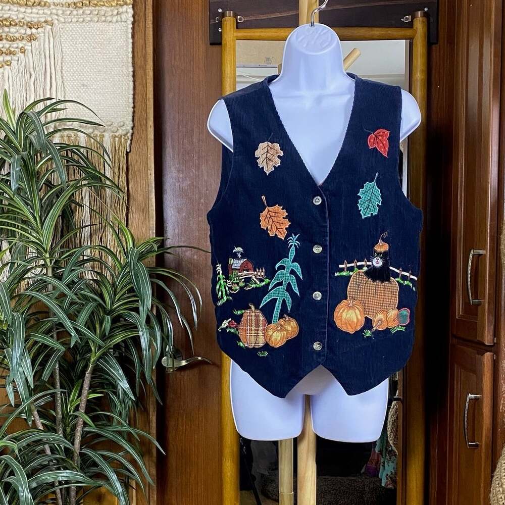 Vintage 90s Embroidered Corduroy Vest Womens M Navy Pumpkin Farm Cat Cottagecore